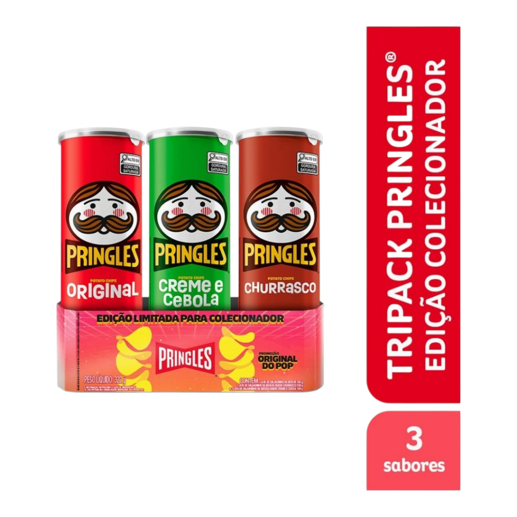 Kit Combo Pringles 3 unidades Sabores Churrasco Creme e Cebola Original Batata Chips Crocante