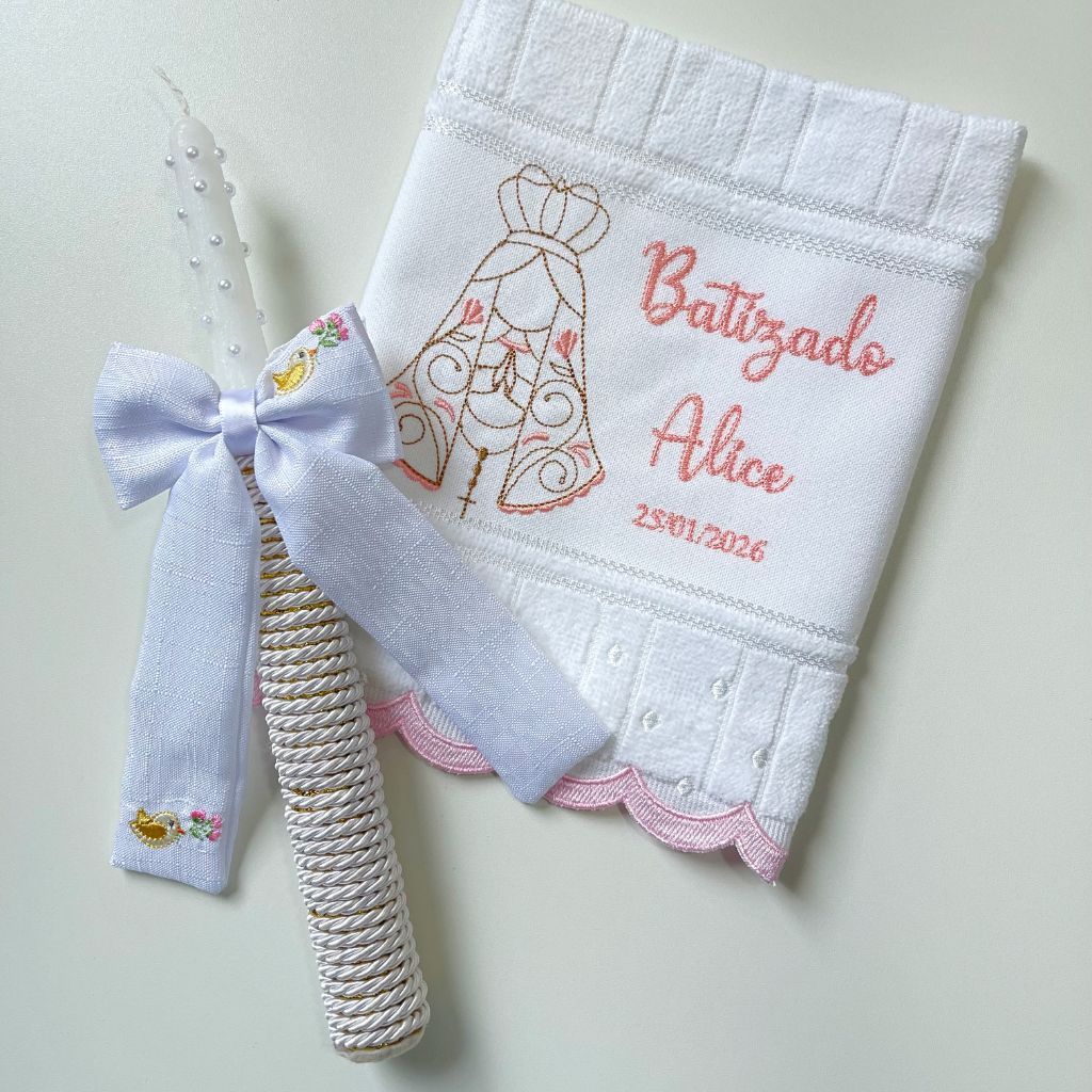 Toalha Bordada Luxo Batizado Batismo Bebê Infantil com Vela Decorada