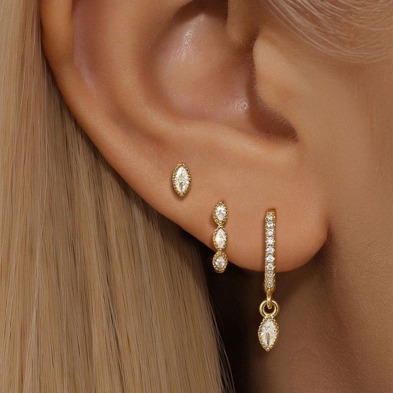 Kit 3 peças de brincos femininos prata 925, pingentes de oval incrustados com zircônia, banhados a ouro 18K