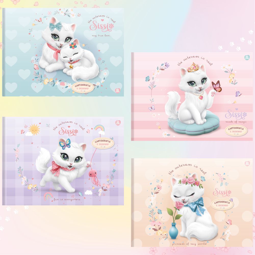 Kit 04 Caderno de Desenho Cartografia Brochura Gatinha SISSI 48 Folhas Costurado Animativa