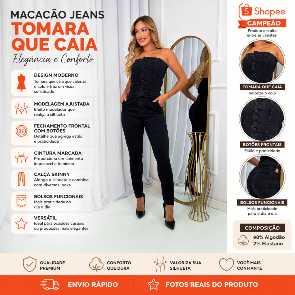 Macacão Jeans Skinny Elegante Feminino Com Elastano Conforto Premium — imagem 2 de 2