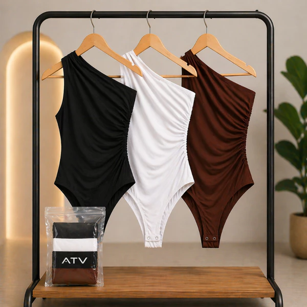 Kit 3 Body Feminino Manga Mula Drapeado Um Ombro Só Suplex Poliamida Premium