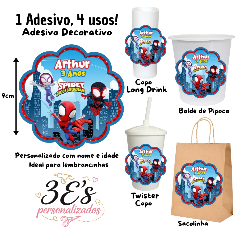 Homem Aranha e Amigos Adesivo Personalizado Sacolinha Balde de Pipoca Copo Twister Copo Long Drink