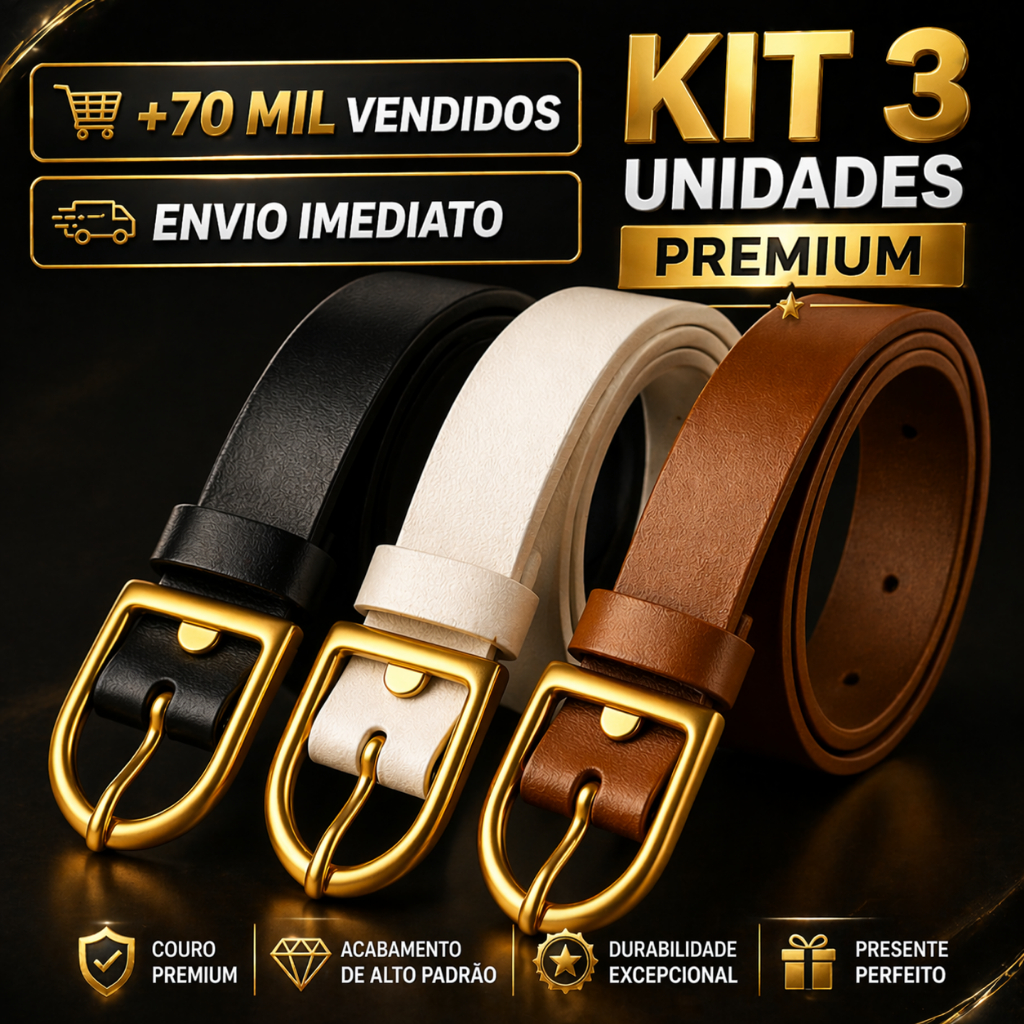 Kit 3 Cinto Feminino Couro Elegante com Fivela Dourada casual plus size – Preto Branco Caramelo ajustavel