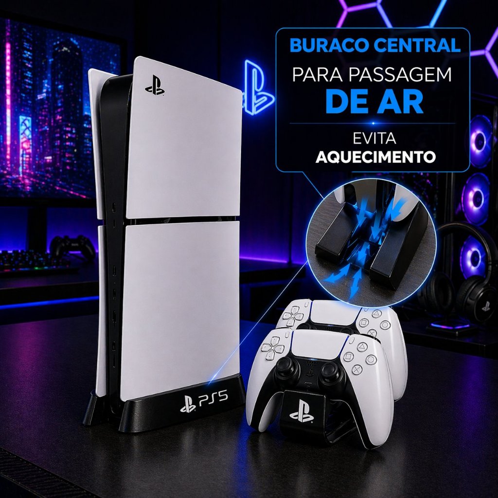 Suporte PS5 Mídia Digital Slim Vertical + Suporte Duplo Controle | Base Premium Estável c Ventilação