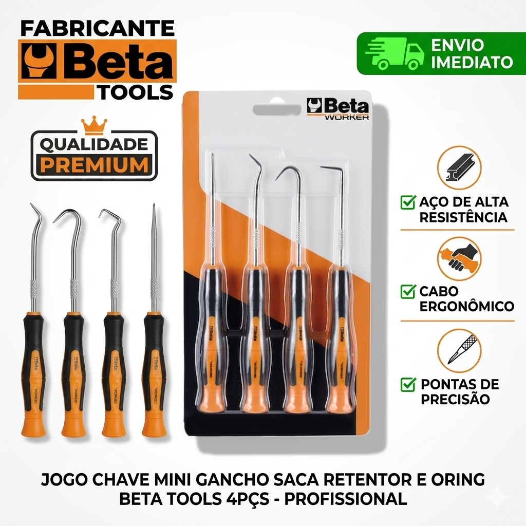 Jogo Chave BetaTools Mini Gancho Saca Retentor e Oring 4Pçs Manutenção Automotiva Aço - Alta Resistência/Envio Imediato