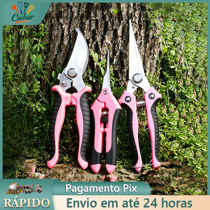 Kit com 3 rosa Tesouras de Poda para Jardim- Ideal para Colheita de Frutas e Cuidados com Plantas