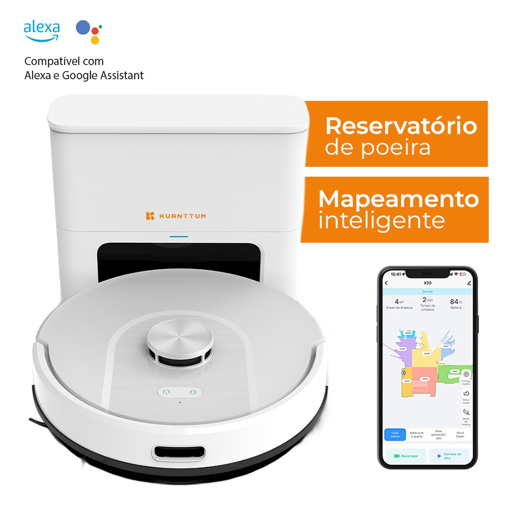 Robô Aspirador Pó Inteligente 10.000Pa App Tuya Smart Life Wi-Fi Passa Pano Laser LDS Kuanttum X10 Branco 110V
