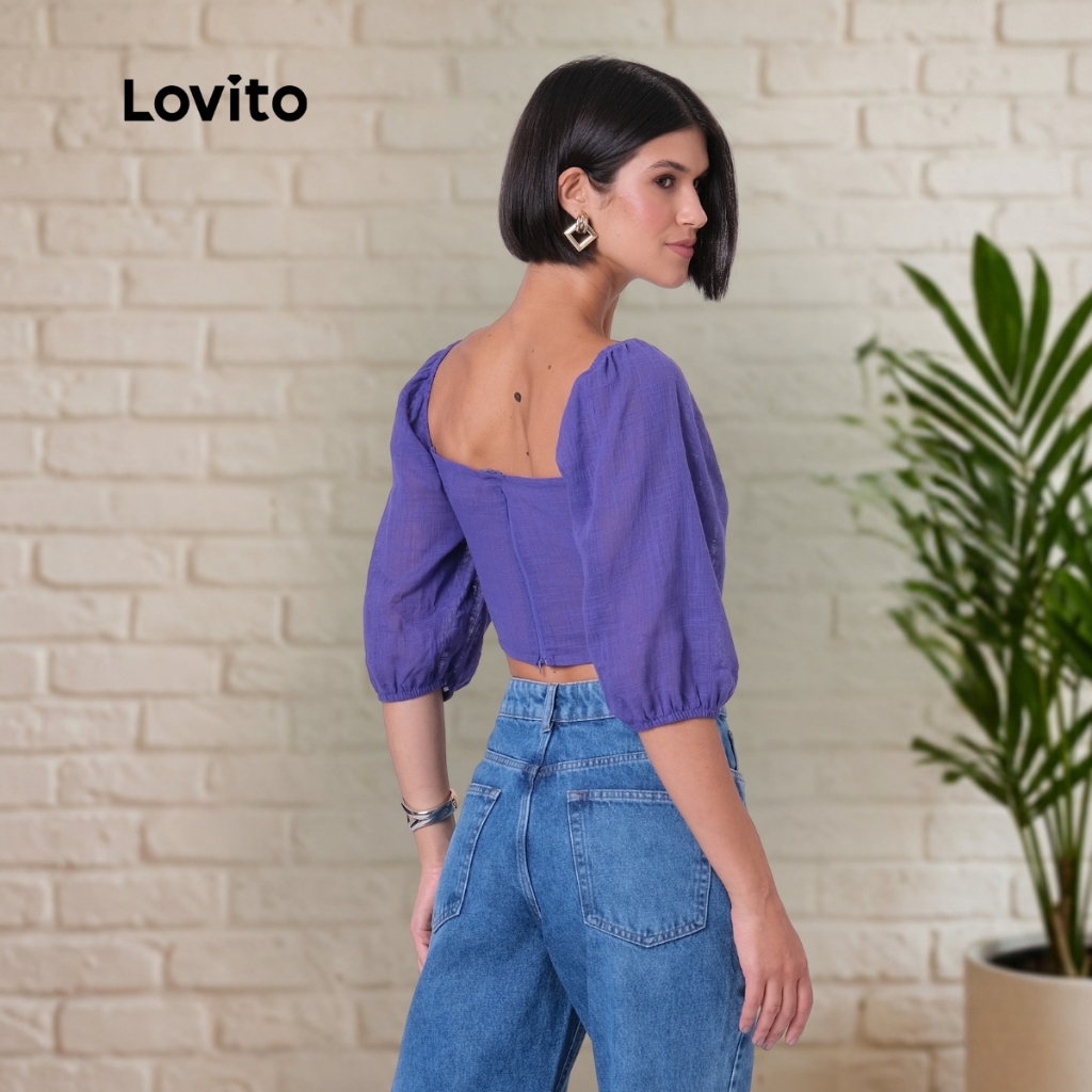 Lovito Blusa Manga Bufante Decote Quadrado Moda Feminina BRBLB333BRL362 · foto 2