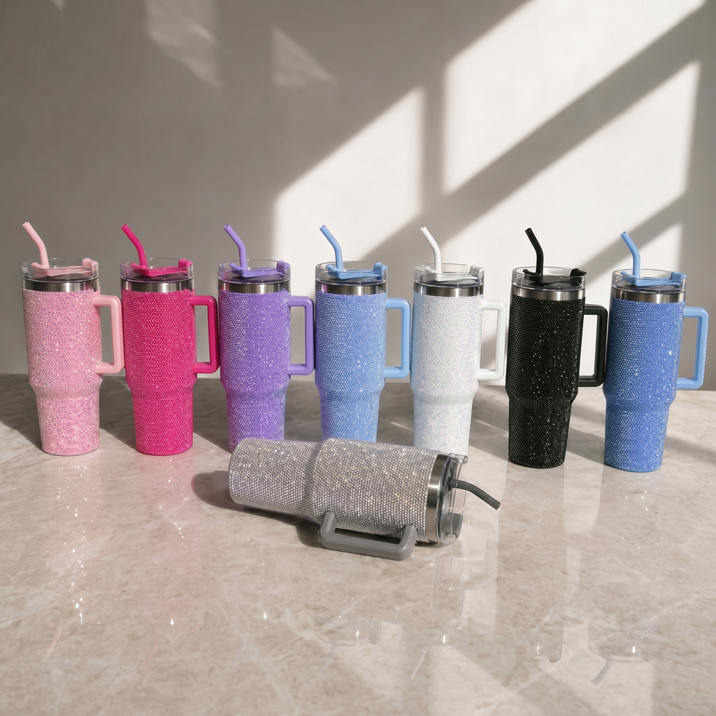 Copo Térmico Diamond Strass com Canudo e Alça 1200ml Inox Garrafa Térmica Diamante Brilhante