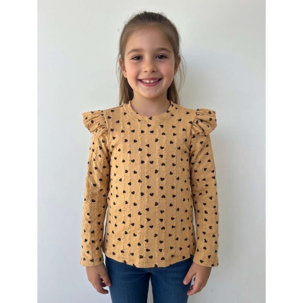 Blusinha Coração Infantil feminina Manga Longa  Com Babado no Ombro Ribana Premium