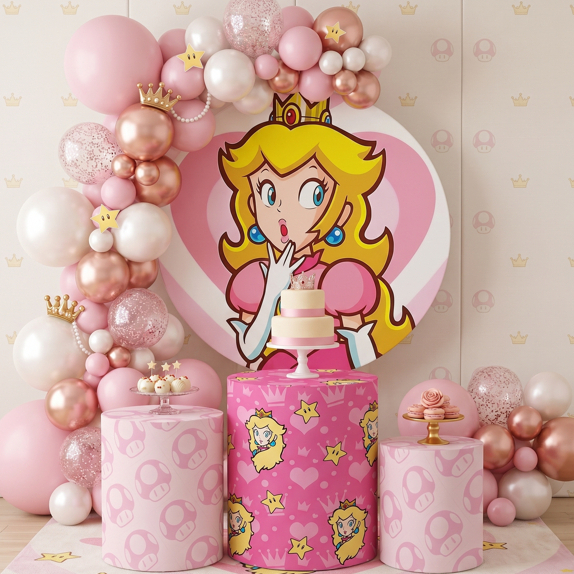Kit Capas Rosa Painel Redondo + Cilindros Peach Jogo Mario Festa Tema Princesa Video Game Decoração Infantil