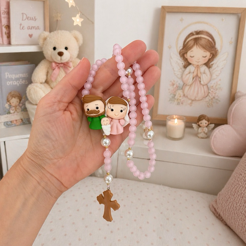 Terço infantil Sagrada Família infantil kit com caixa de presente e organza Terço para nascimento