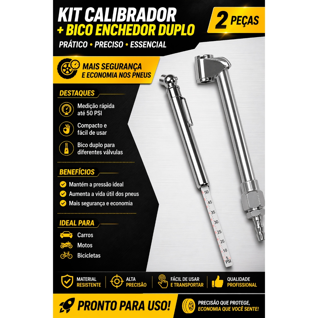 Kit Calibrador De Pressão De Pneus Tipo Caneta E Inflador Bico de Encher Pneu Duplo Para Carro Bike Moto