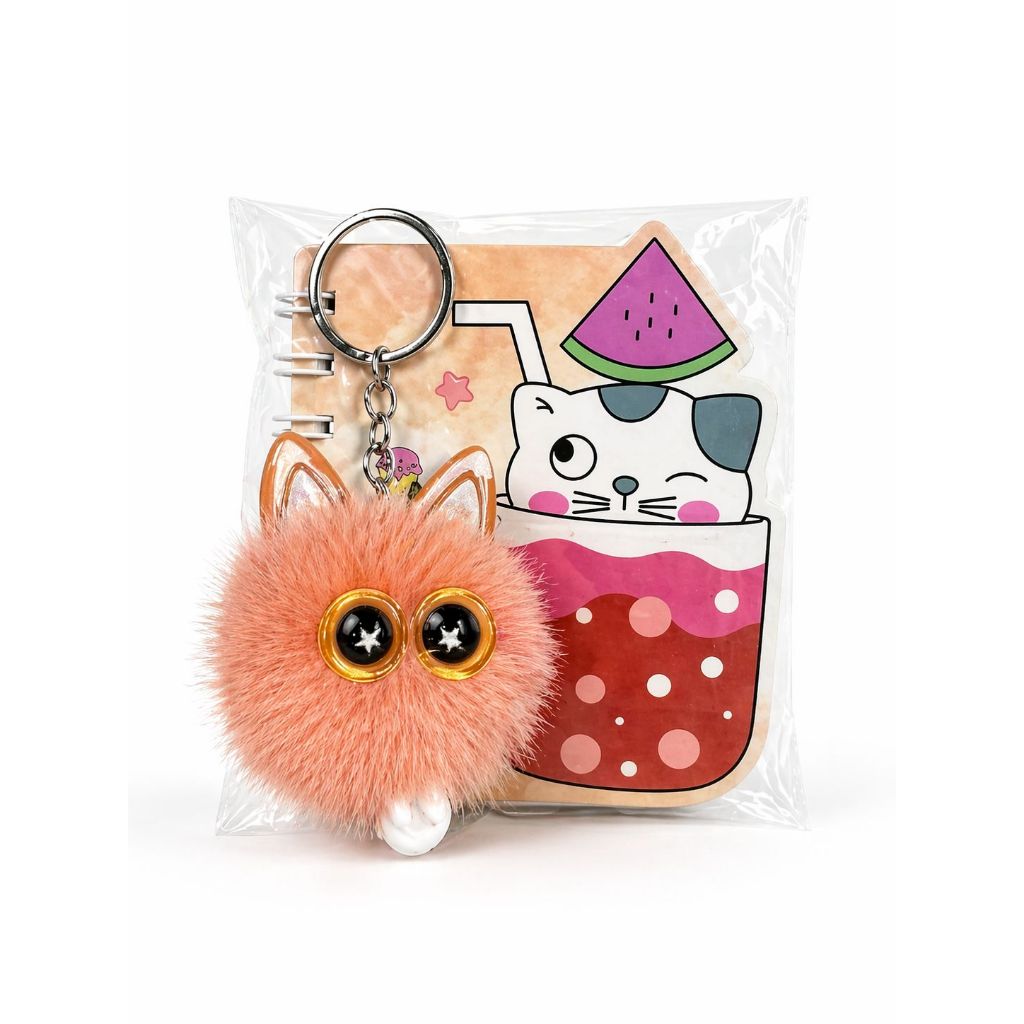Bloco de Notas Mini 11,8x9,8cm 120 Folhas Pautadas + Chaveiro Gatinho Pompom Pelúcia Fofo Papelaria Kawaii Escola