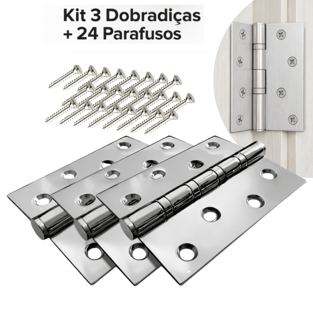 Kit 3 Dobradiças 4” Inox 304 – Escovada com Rolamento Axial | Alta Durabilidade | Com Parafusos