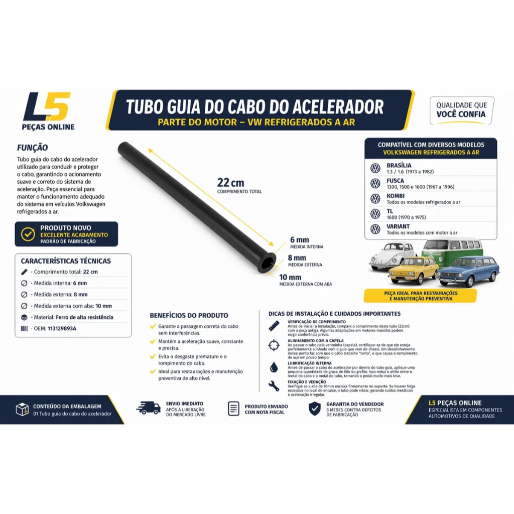 Tubo Cano Guia Cabo Acelerador Túnel Fusca Kombi Brasília Variant Pampa Fim Pedal Travando Aço Kit