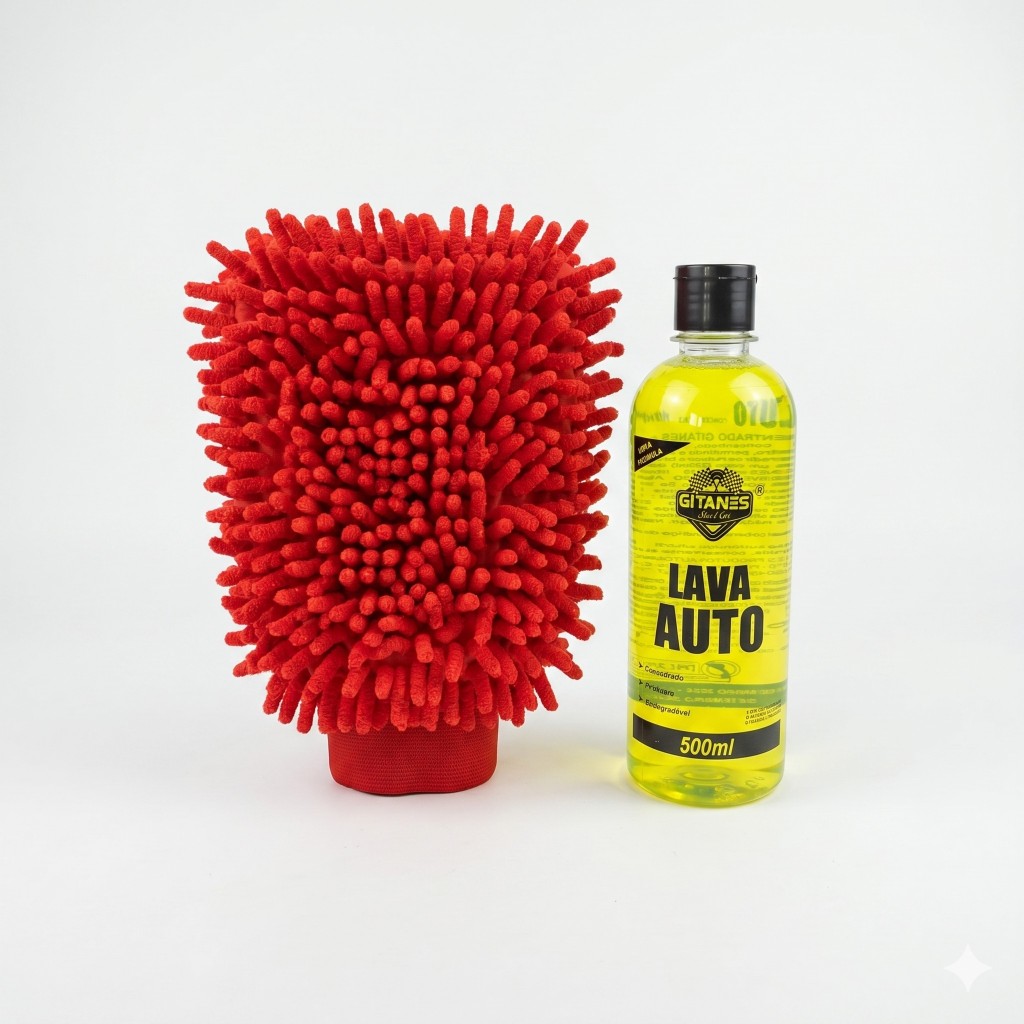 Kit Shampoo Lava Auto 500ml + Luva de Microfibra Grande Lavagem Automotiva Carro Moto