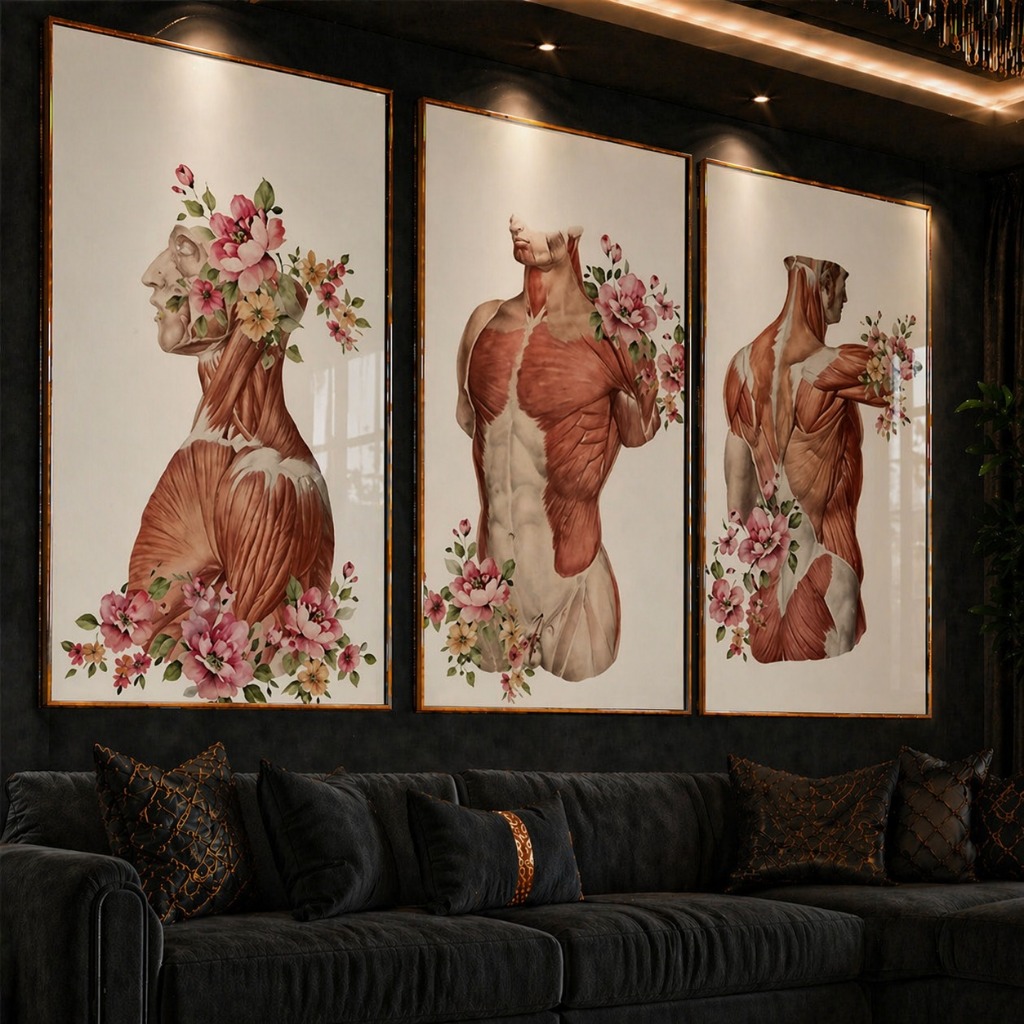 Quadro Anatômico Floral Músculos do Corpo Humano - Kit 3 Peças Decorativas Medicina Arte