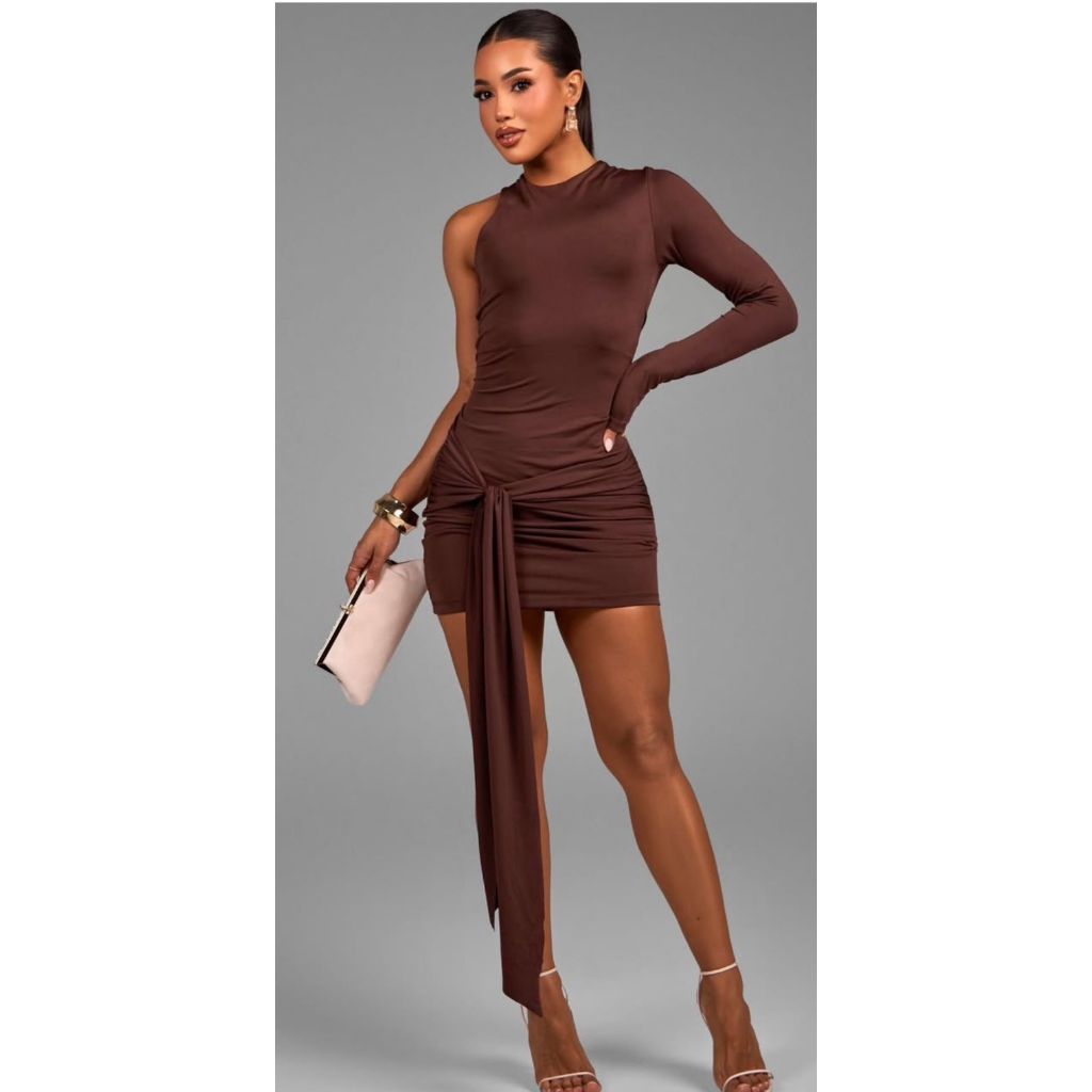 vestido suplex feminino vestido assimétrico vestido uma manga só vestido manga longa e regata vestido com amarração
