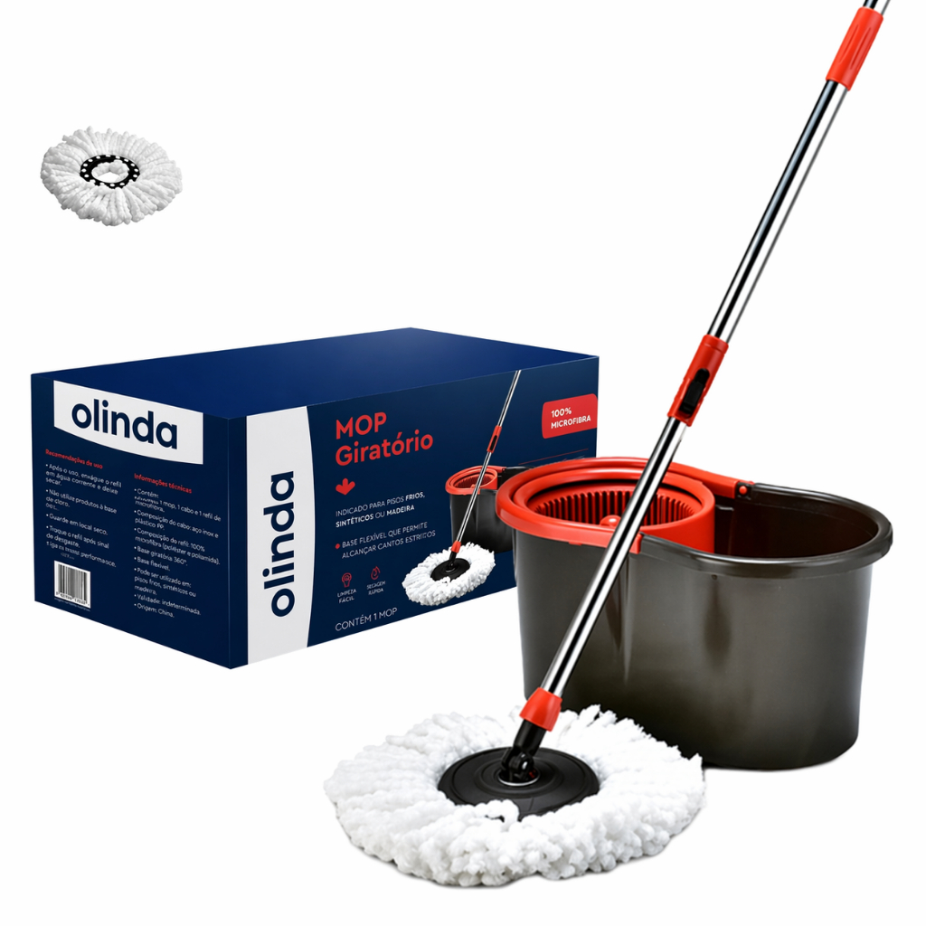 Mop Giratório 360° Multiuso Ajustável com Alça Extensível e Rodinhas 9 litros Mop Limpeza OLINDA