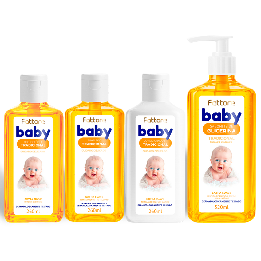 Kit de Higiene para Bebê Completo Tradicional Sabonete, Shampoo, Condicionador e Deo Colônia Fattore