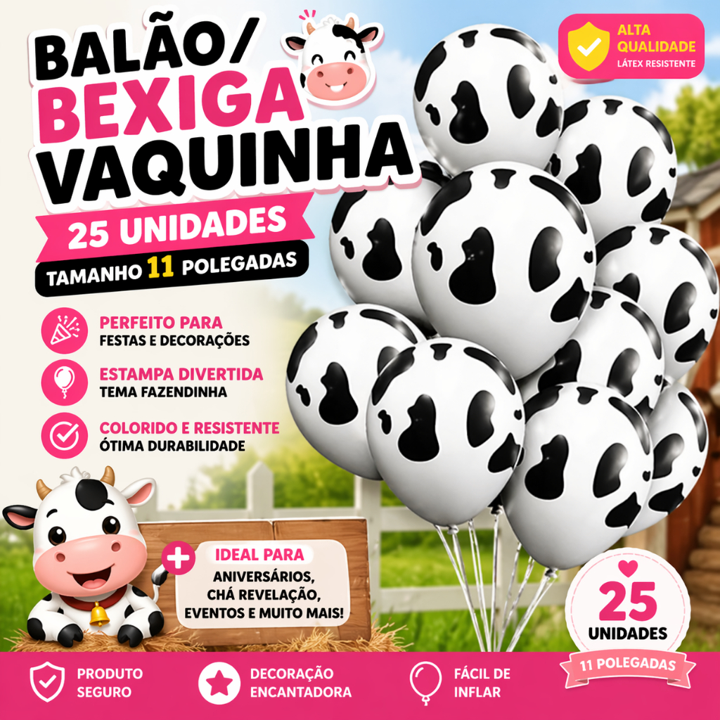 Pacote 25 Balões Bexigas tamanho  11” Tema Vaquinha Manchas de vaca  – Decoração Festa  Fazenda