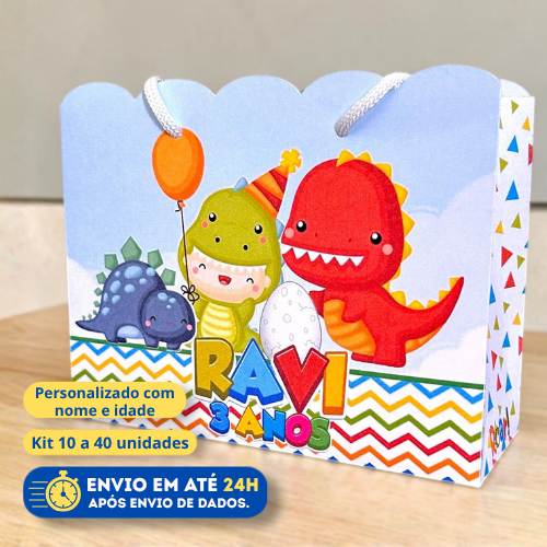 Sacolinha Personalizada Dinossauro Baby | Lembrancinha Infantil | Kit 10 a 40 Unidades
