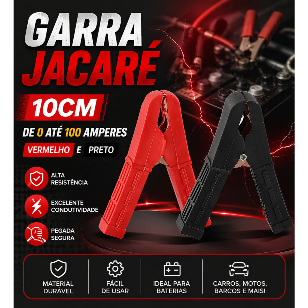 Garra Jacaré 10cm de 0 até 100 amperes Vermelho E Preto - Unidade ou Par