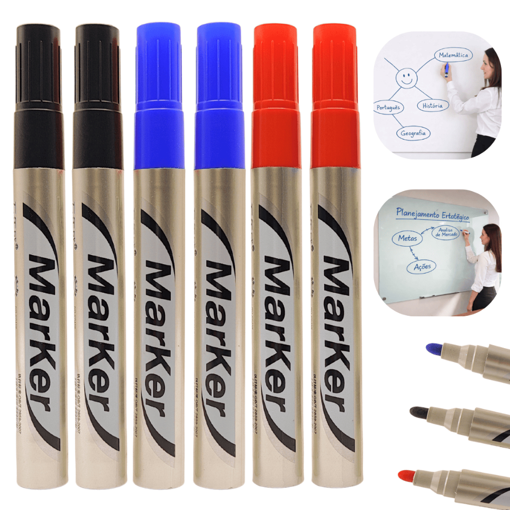 Kit 3/6 Pincel Quadro Branco Lousa Cores Preto Azul Vermelho Caneta Marcador Ponta 4.0mm Apagável