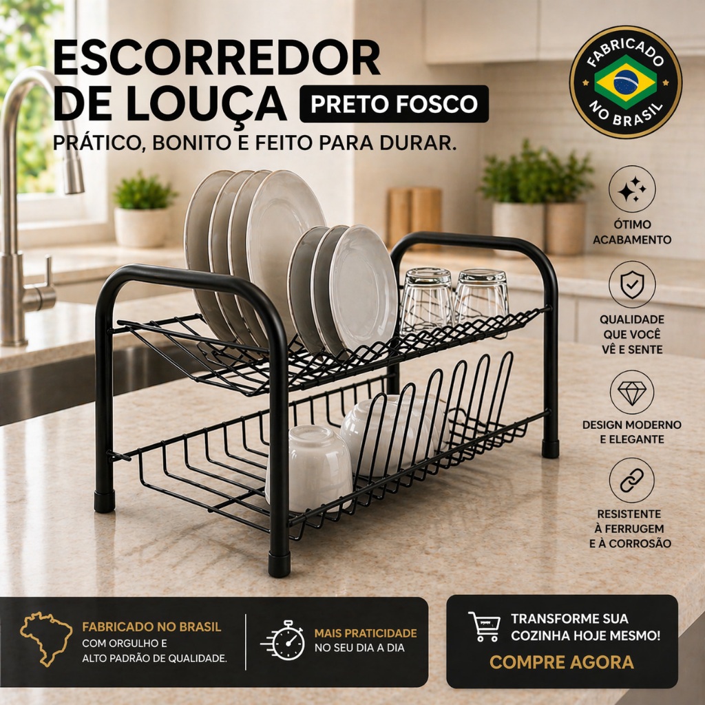 Escorredor De Louças Versátil Duplo Compacto Secador Copos 9 Pratos 2 Andares