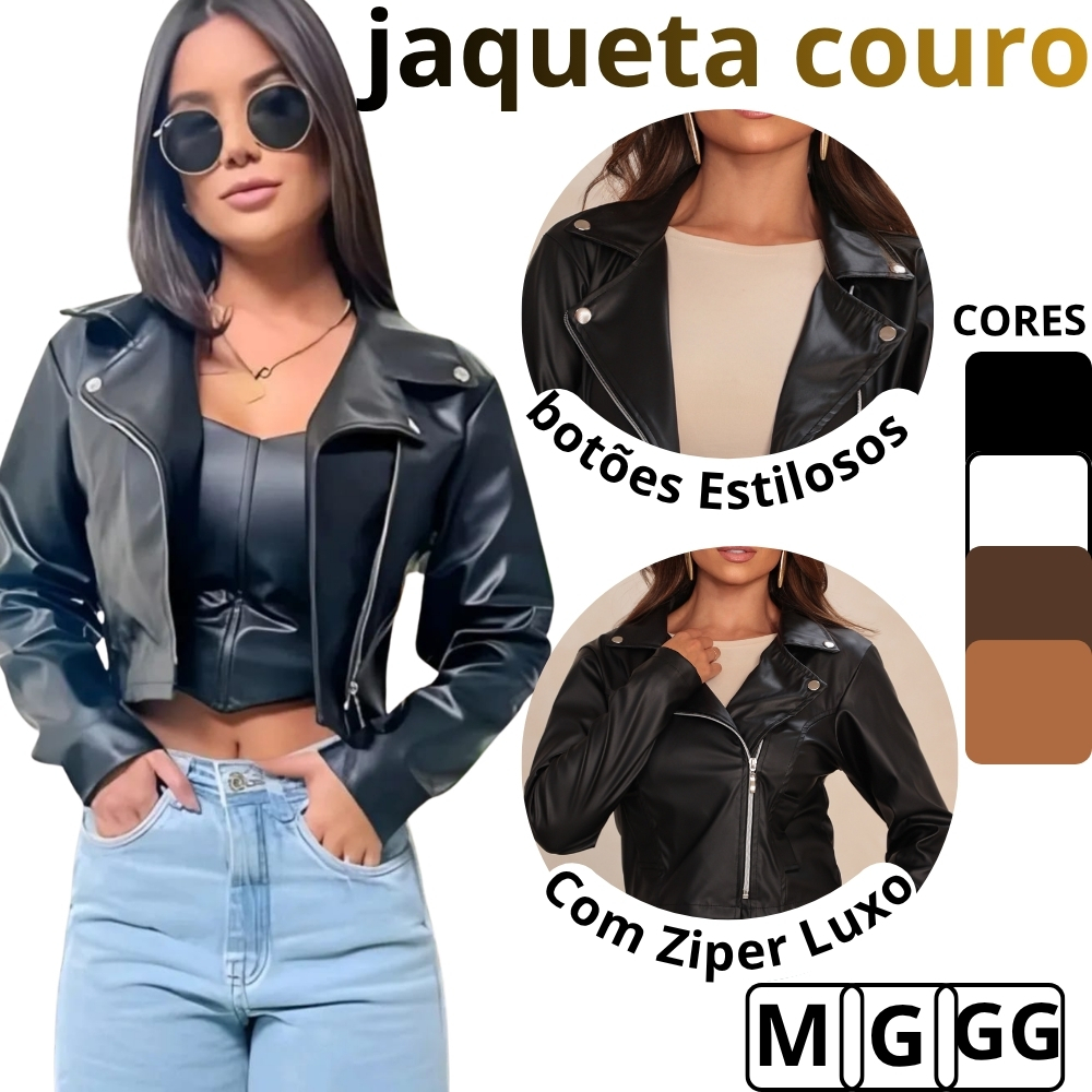 jaqueta de couro feminina jaqueta preta com ziper couro ecologico corino couro fake de frio casaco