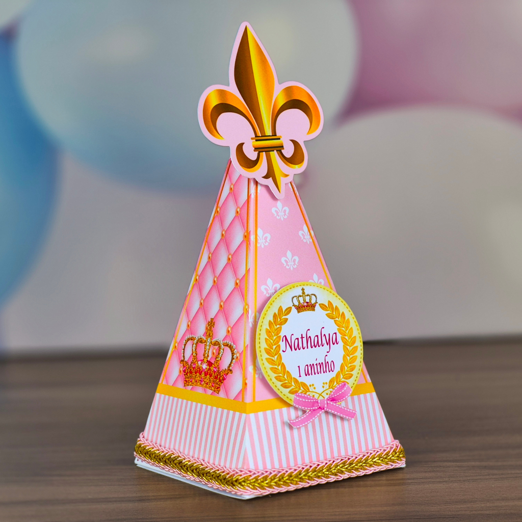 Caixa Pirâmide Cone Realeza Menina Personalizada Lembrancinha Aniversário Infantil Festa Realeza
