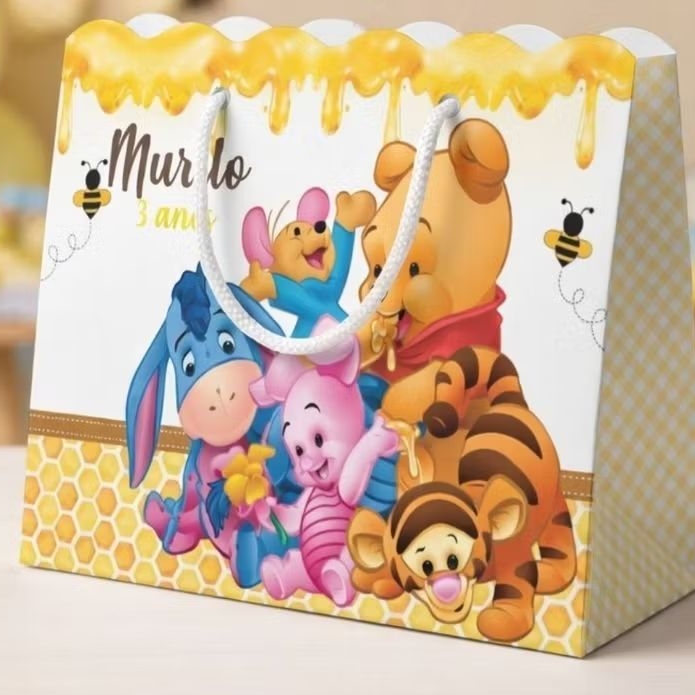 Sacolinhas Personalizadas Ursinho Pooh Lembracinhas de Festa (G) PEGUE E MONTE (20x16x6cm)