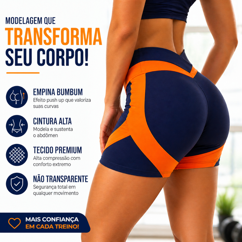 Short Empina Bumbum Academia Feminino Modelador Cintura Alta Compressão Não Transparente Fitness