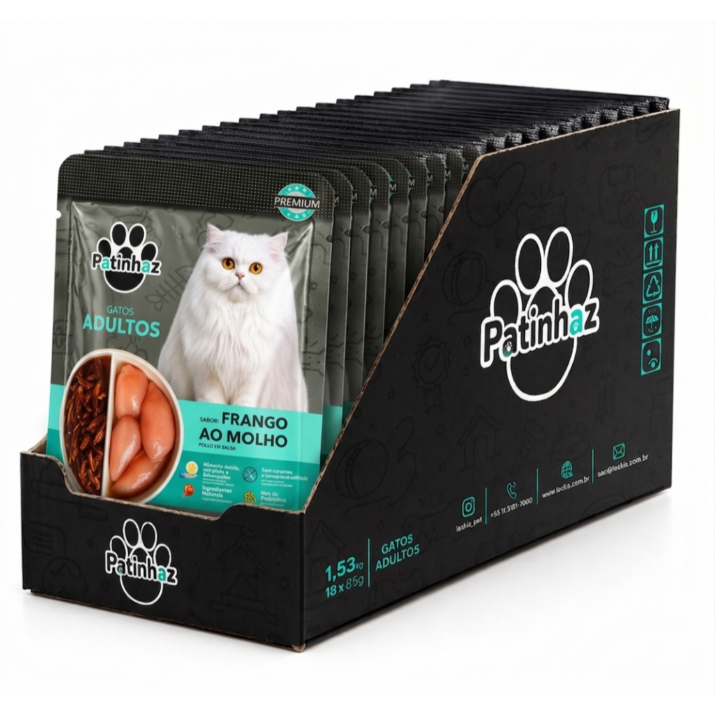 Caixa 18 Sachês Ração Úmida para Gatos Sabor Frango Ao Molho Patinhaz Premium