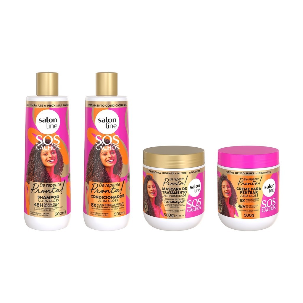 Kit Shampoo + Condicionador + Máscara Antiporosidade e Creme para Pentear SOS Cachos De Repente Pronta!
