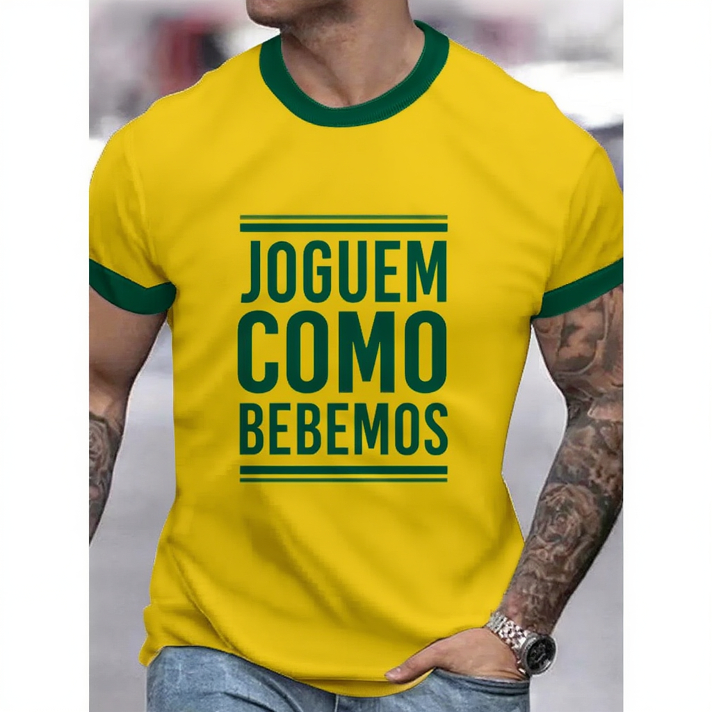 Camiseta Joguem Como Bebemos Algodão Unissex Copa do Mundo Futebol Brasil Casual Streetwear