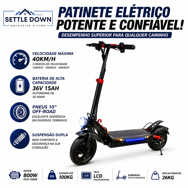 Patinete Elétrico 800W Pico 1000W 40km/h Bateria 36V 15Ah Pneu 10” Off-Road LCD Scooter Dobrável Adulto