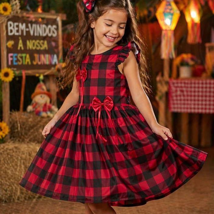 Vestido Infantil Festa Batizado Casamento Colorido Evangélica dia das criança Junino Xadrez