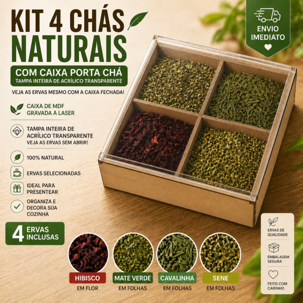Kit 4 Chás Naturais Desinchá – Cavalinha + Sene em Folhas + Hibisco + Chá Verde – Porta Condimento Caixa de Cha