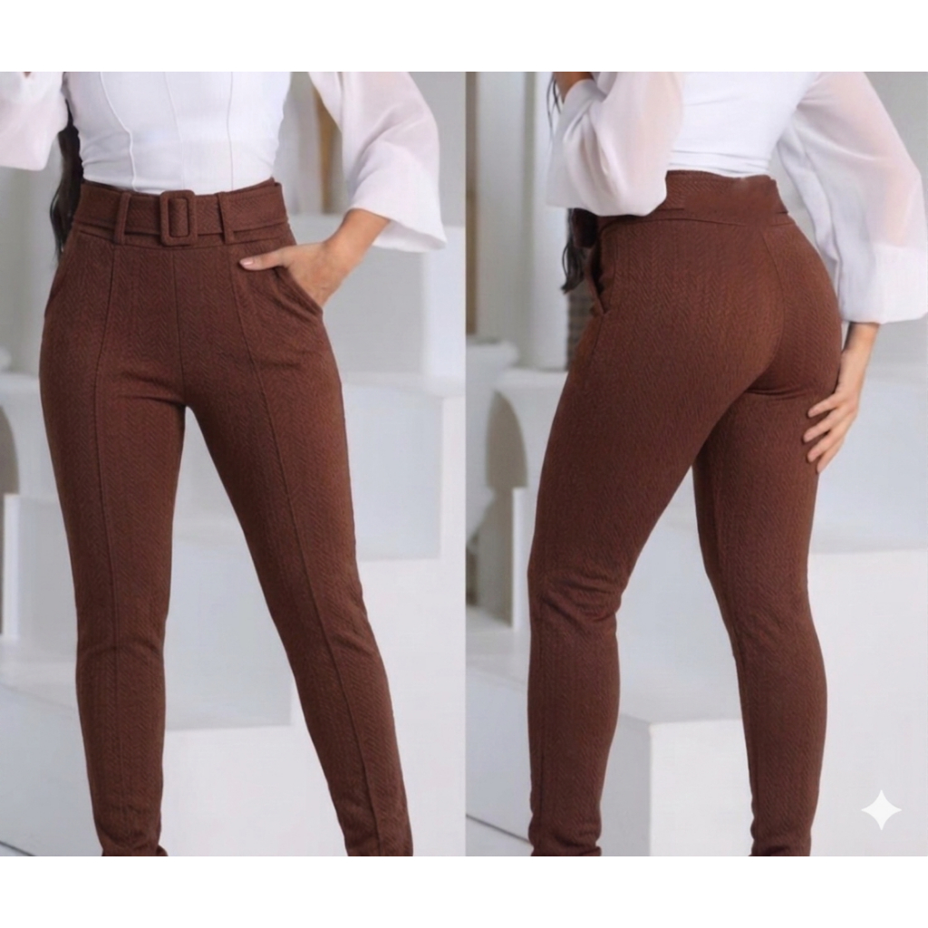 Calça Feminina Skinny Cintura Alta Malha Crepe Com Cinto y Bolso Estilo Y Qualidade