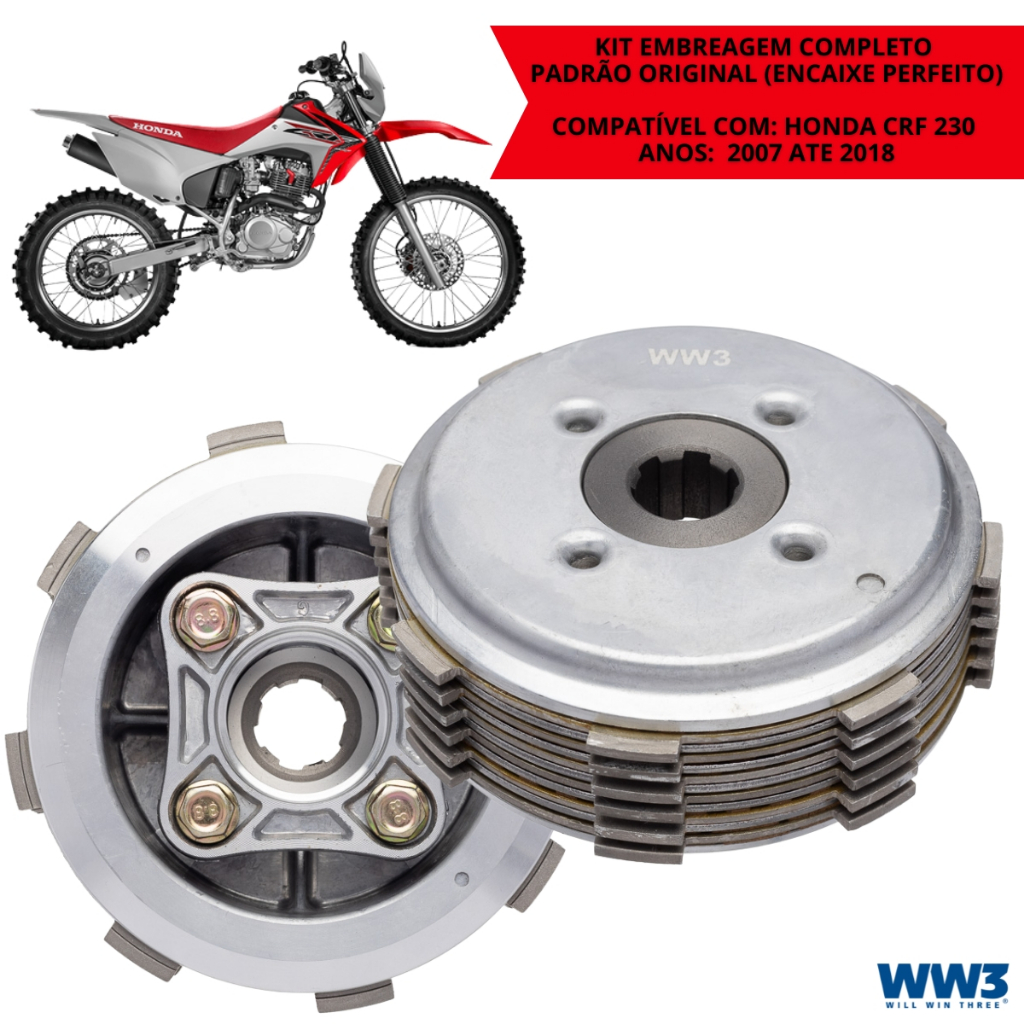 Kit Embreagem Completa Honda CRF 230 2007 2008 2009 2010 2011 2012 2013 2014 2015 2016 2017 2018 Peças CRF Trilha WW3