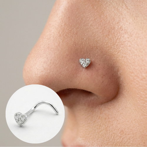 Piercing Nariz  Nostril Coração Cravejado - Prata 925 Legítima - Antialérgico