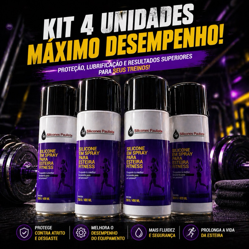 4 latas Óleo Spray Lubrificante Silicone para Esteira Ergométrica Fitness Academia 400 Ml