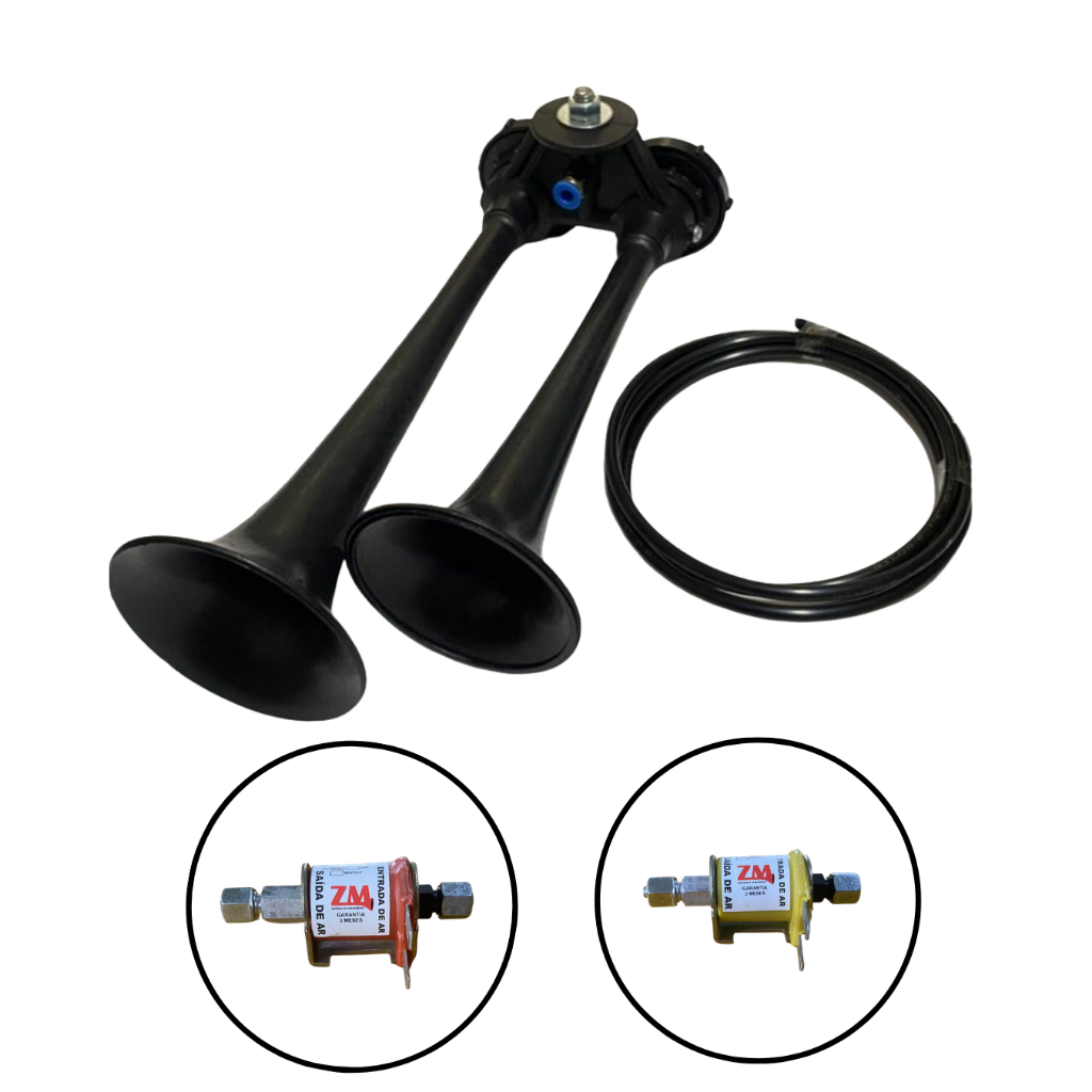 Buzina A Ar 2 Cornetas Preta Com Válvula Solenoide 12V ou 12V Veiculos Com Compressor E/ou Reservatorio De Ar.