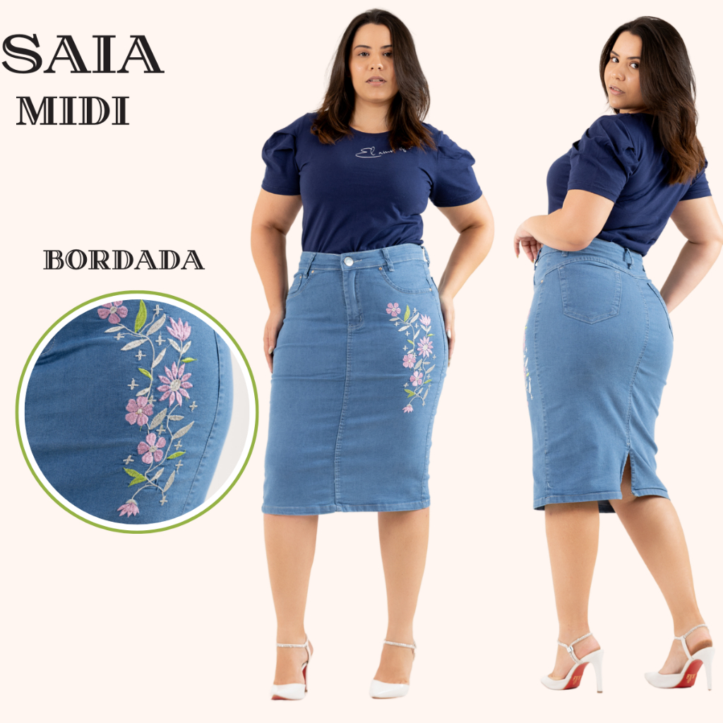 Saia Jeans Midi Evangelica Bordada Cintura Alta com Lycra Na Cor Cristal