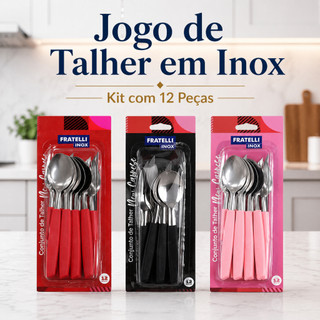 Conjunto Talheres 12 Peças Inox Cabo Preto Rosa Vermelho Jogo Garfo Faca Colher Faqueiro Mesa Posta