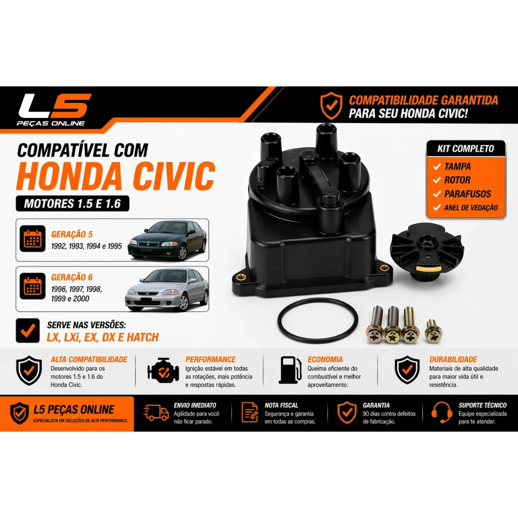 Tampa E Rotor Distribuidor Honda Civic Preto 1992 A 2000 Sistema Partida Bobina Eletrica Mecanica