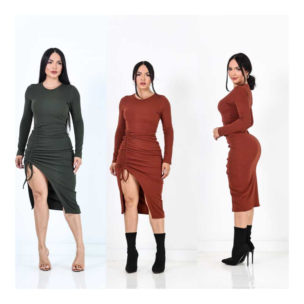 Vestido manga longa drapeado canelado com fenda